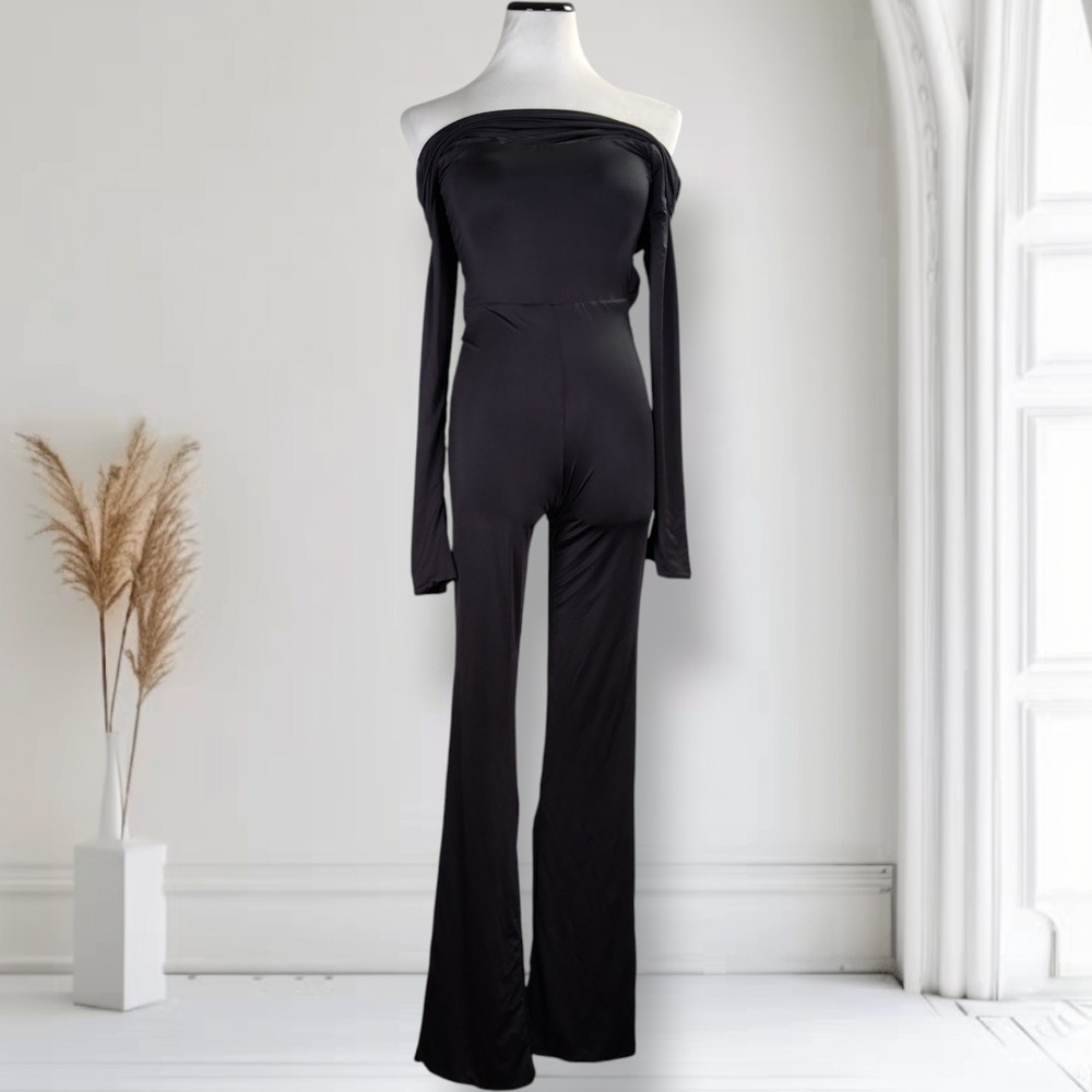Oh Polly Black Jumpsuit US 4 Off Shoulder Open Back Flare Leg Long Sleeve